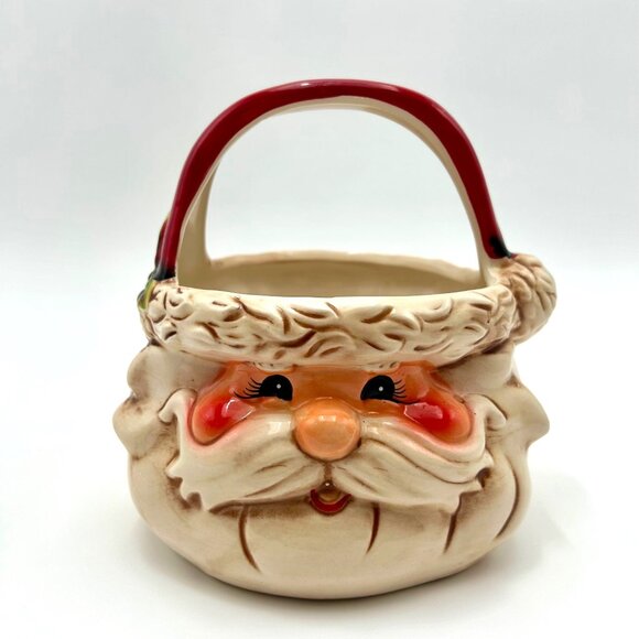 Jolly Santa Claus Ceramic Basket With Handle - Food Safe - - Picture 1 of 6